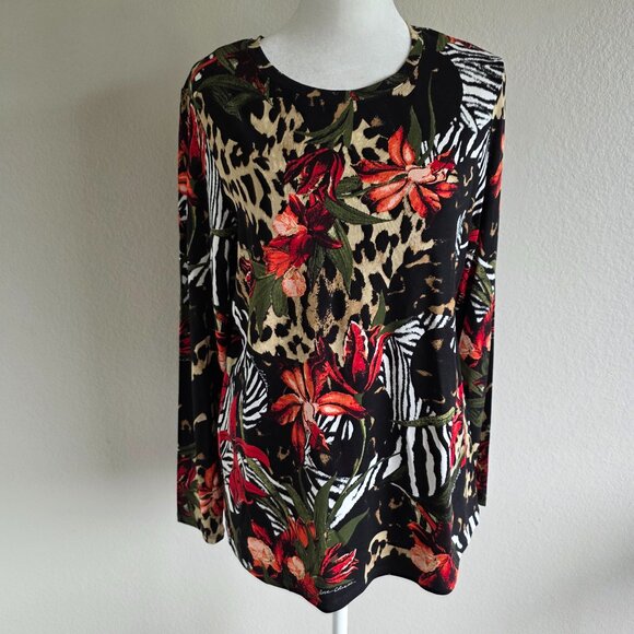 Chico's Top Tee Shirt Artsy Floral Animal Print Stretch Long Sleeve Size 1 Med - Picture 1 of 8
